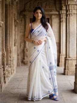 AMRUTKALA SAREES - White Designer Linen Floral Printed Saree with Unstitched Blouse