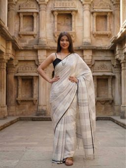 AMRUTKALA SAREES - Beige Designer Linen Striped Saree with Unstitched Blouse