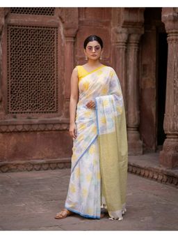 AMRUTKALA SAREES - White Designer Linen Printed Saree with Unstitched Blouse
