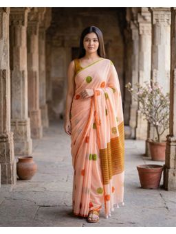 AMRUTKALA SAREES - Peach Designer Linen Floral Printed Saree with Unstitched Blouse