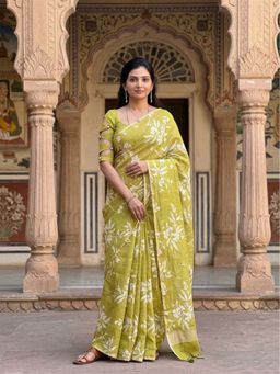 AMRUTKALA SAREES - Green Designer Linen Printed Saree with Unstitched Blouse