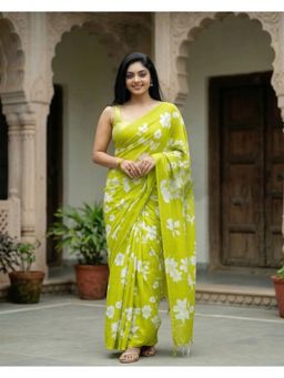 AMRUTKALA SAREES - Green Designer Linen Floral Printed Saree with Unstitched Blouse
