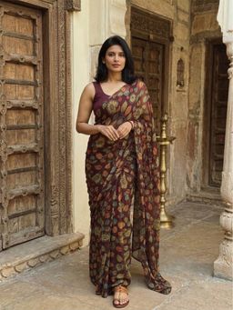 AMRUTKALA SAREES - Brown Designer Linen Leaf Printed Saree with Unstitched Blouse