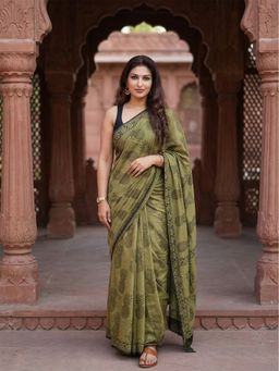AMRUTKALA SAREES - Green Designer Linen Block Printed Saree with Unstitched Blouse