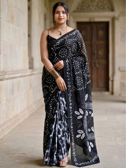 AMRUTKALA SAREES - Black Designer Linen Bandhani Printed Saree with Unstitched Blouse