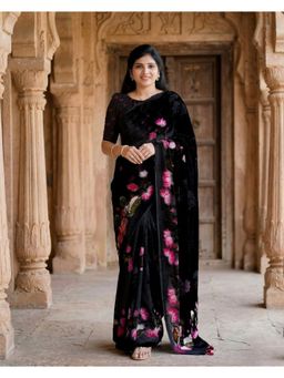 AMRUTKALA SAREES - Black Designer Linen Floral Printed Saree with Unstitched Blouse