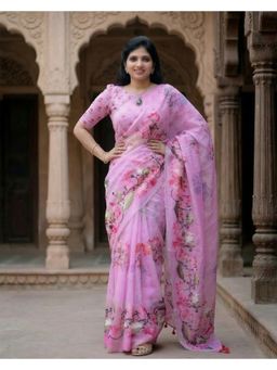 AMRUTKALA SAREES - Purple Designer Linen Floral Printed Saree with Unstitched Blouse