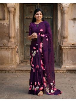 AMRUTKALA SAREES - Purple Designer Linen Floral Printed Saree with Unstitched Blouse