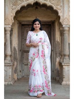AMRUTKALA SAREES - White Designer Linen Floral Printed Saree with Unstitched Blouse