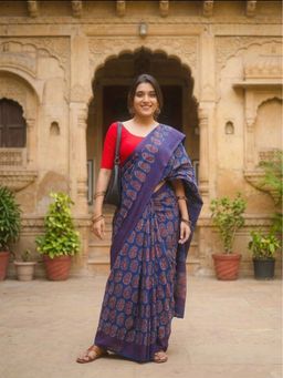AMRUTKALA SAREES - Blue Designer Linen Paisley Printed Saree with Unstitched Blouse
