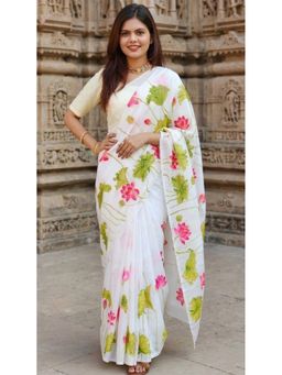 AMRUTKALA SAREES - White Designer Linen Floral Printed Saree with Unstitched Blouse