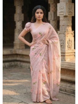 AMRUTKALA SAREES - Peach Designer Linen Floral Printed Saree with Unstitched Blouse