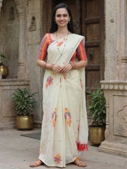 AMRUTKALA SAREES - White Designer Linen Floral Printed Saree with Unstitched Blouse