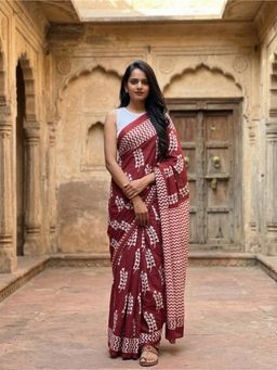 AMRUTKALA SAREES - Maroon Designer Linen Block Printed Saree with Unstitched Blouse