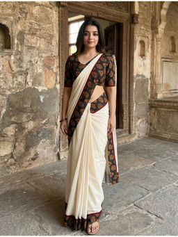 AMRUTKALA SAREES - White Designer Linen Floral Printed Saree with Unstitched Blouse