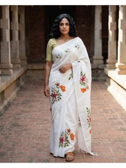 AMRUTKALA SAREES - White Designer Linen Floral Printed Saree with Unstitched Blouse