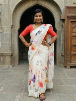 AMRUTKALA SAREES - White Designer Linen Floral Printed Saree with Unstitched Blouse