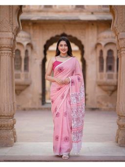 AMRUTKALA SAREES - Pink Designer Linen Floral Printed Saree with Unstitched Blouse