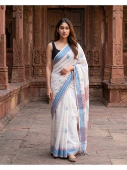 AMRUTKALA SAREES - White Designer Linen Block Printed Saree with Unstitched Blouse