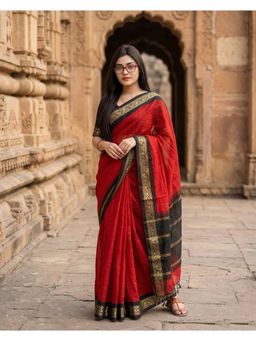 AMRUTKALA SAREES - Red Designer Linen Woven Saree with Unstitched Blouse
