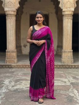 AMRUTKALA SAREES - Black Designer Linen Geometric Printed Saree with Unstitched Blouse