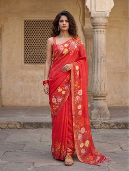 AMRUTKALA SAREES - Red Designer Linen Floral Printed Saree with Unstitched Blouse