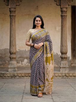 AMRUTKALA SAREES - Blue Designer Linen Geometric Printed Saree with Unstitched Blouse