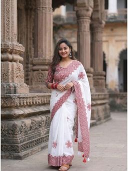 AMRUTKALA SAREES - White Designer Linen Floral Printed Saree with Unstitched Blouse
