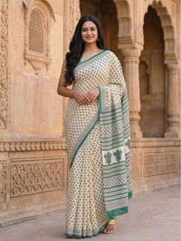 AMRUTKALA SAREES - Beige Designer Linen Floral Printed Saree with Unstitched Blouse