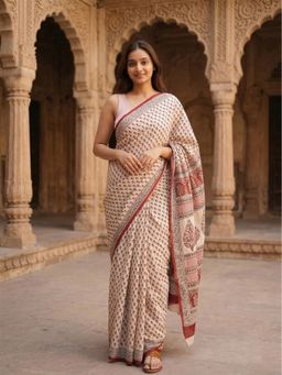 AMRUTKALA SAREES - Peach Designer Linen Floral Printed Saree with Unstitched Blouse