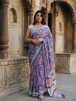 AMRUTKALA SAREES - Purple Designer Linen Floral Printed Saree with Unstitched Blouse