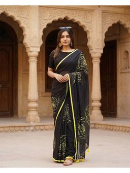 AMRUTKALA SAREES - Black Designer Linen Floral Printed Saree with Unstitched Blouse