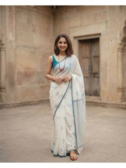 AMRUTKALA SAREES - White Designer Linen Block Printed Saree with Unstitched Blouse