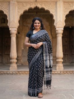 AMRUTKALA SAREES - Black Designer Linen Block Printed Saree with Unstitched Blouse