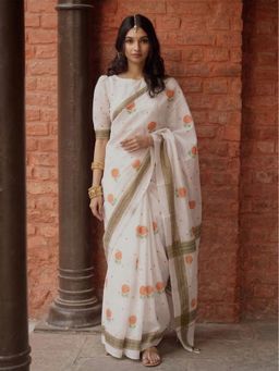 AMRUTKALA SAREES - White Designer Linen Floral Printed Saree with Unstitched Blouse