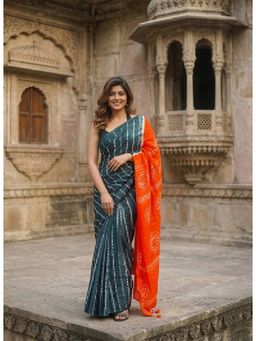 AMRUTKALA SAREES - Blue Designer Linen Striped Printed Saree with Unstitched Blouse