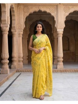 AMRUTKALA SAREES - Yellow Designer Linen Striped Printed Saree with Unstitched Blouse