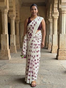 AMRUTKALA SAREES - White Designer Linen Polka Dots Saree with Unstitched Blouse