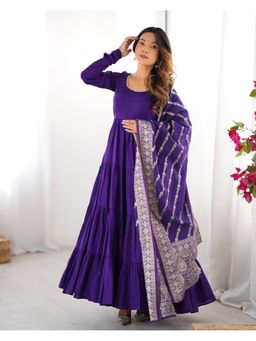 FAST FASHIONS - Purple Solid Anarkali Kurta with Pant and Dupatta