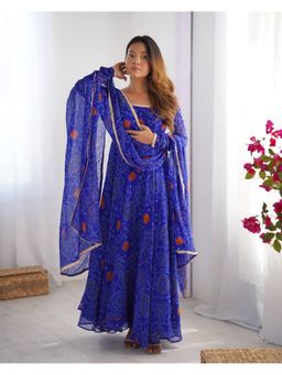 FAST FASHIONS - Blue Bandhani Printed Anarkali Kurta with Pant and Dupatta