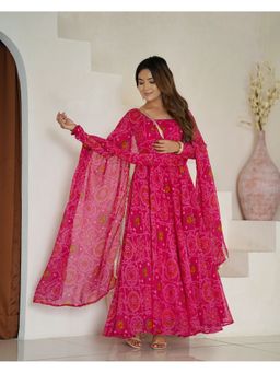 FAST FASHIONS - Pink Bandhani Printed Anarkali Kurta with Pant and Dupatta