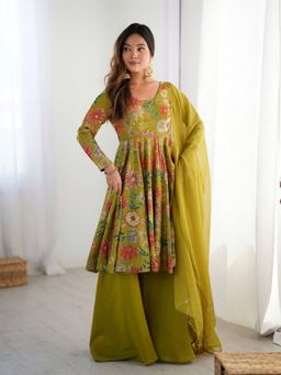 FAST FASHIONS - Green Floral Printed Anarkali Kurta and Palazzo with Dupatta