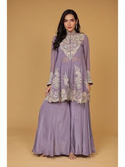 Zari Jaipur - Purple Embroidered Crop Top with Kurta and Palazzo