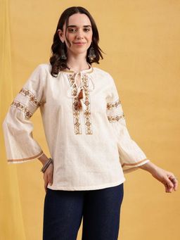Vbuyz - White Embroidered Straight Cotton Jacquard Top