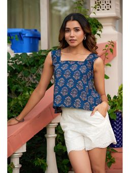Vbuyz - Blue Floral Print Fit and Flare Cotton Top