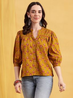 Vbuyz - Mustard Floral Print Straight Cotton Top