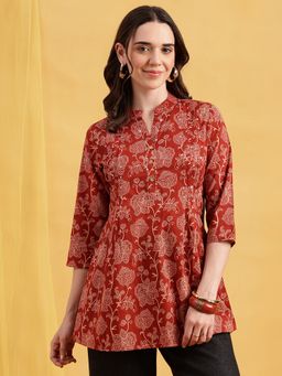 Vbuyz - Rust Floral A-Line Cotton Stitched Tunic