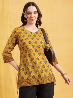 Vbuyz - Mustard Floral Straight Cotton Stitched Tunic