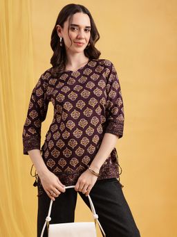 Vbuyz - Maroon Floral Straight Cotton Stitched Tunic