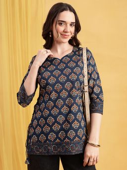 Vbuyz - Navy Blue Floral Straight Cotton Stitched Tunic